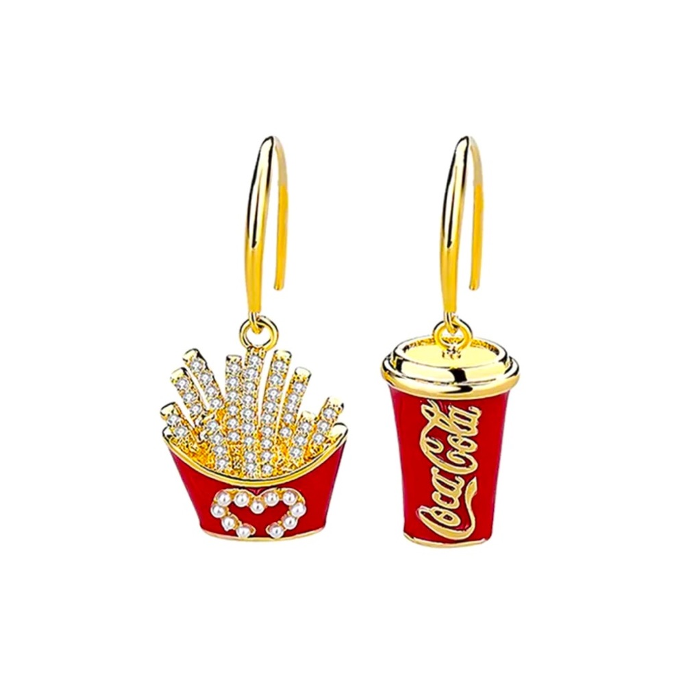 Fashion French Fries and Coke Asymmetrical Enamel Rhinestone Earrings